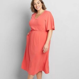 🪸 Lane Bryant Knit Kit Kimono Sleeve Dress Coral V-Neck Elastic Waist 18/20